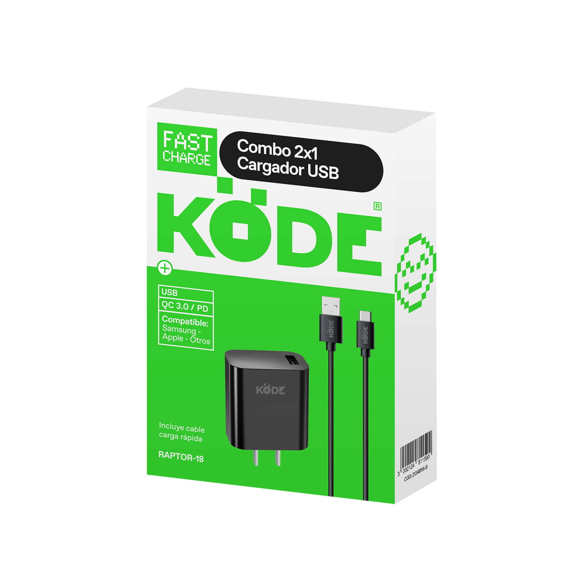 KODE USB A - C /18W - PD/QC/FCP/AFC - 2A -1m - RAPTOR-18W - Imagen 2