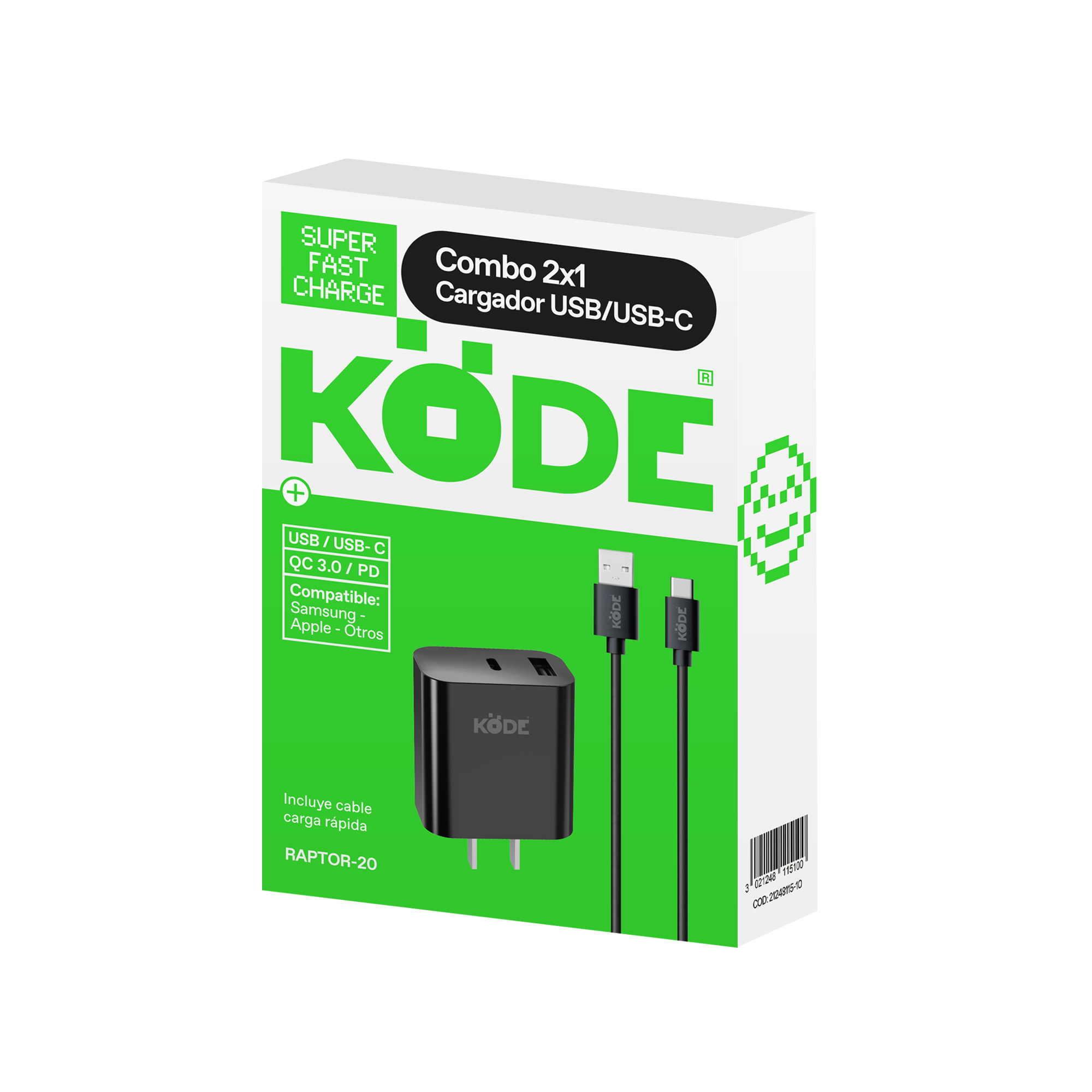 KODE USB A - C / 20W - PD/QC/FCP/AFC - 2A -1m - PD/QC - RAPTOR-20W - Imagen 3